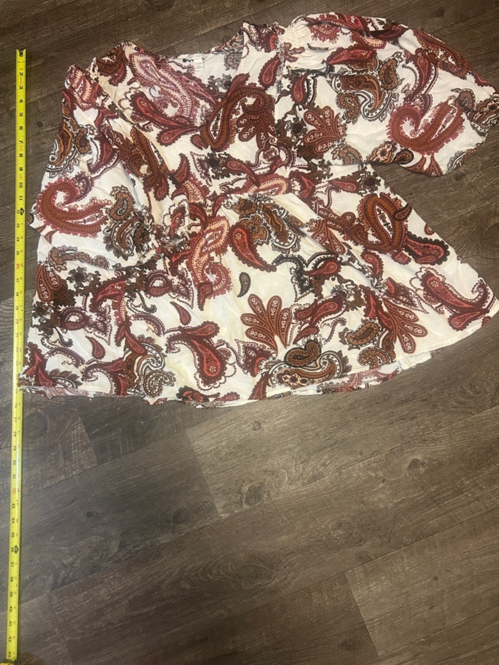Paisley V-Neck Cream Blouse with Rust and Brown Accents